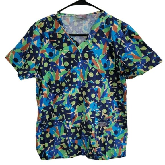 Scrub Zone Top Womens Size XS Blue Green Print Short Sleeve Uniform Nursing - Picture 1 of 4